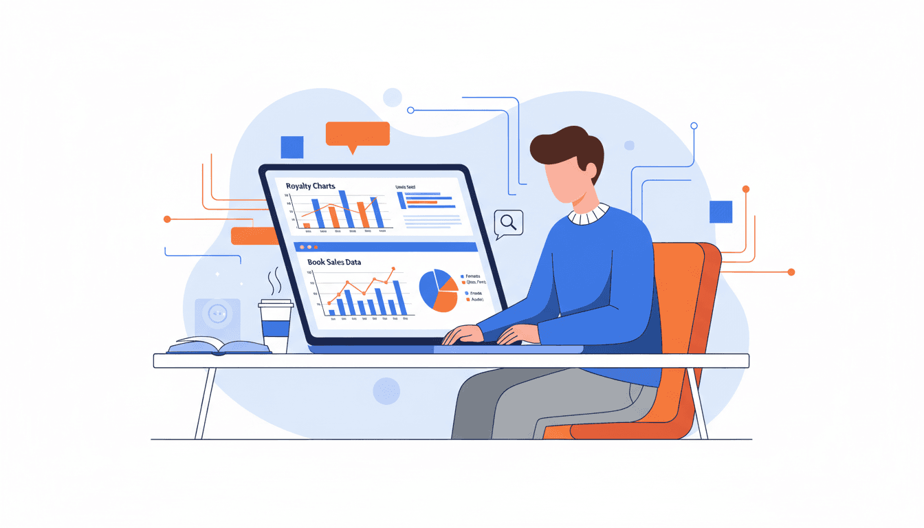 Alt de imagen de un autor analizando gráficos de regalías de libros en un portátil.
