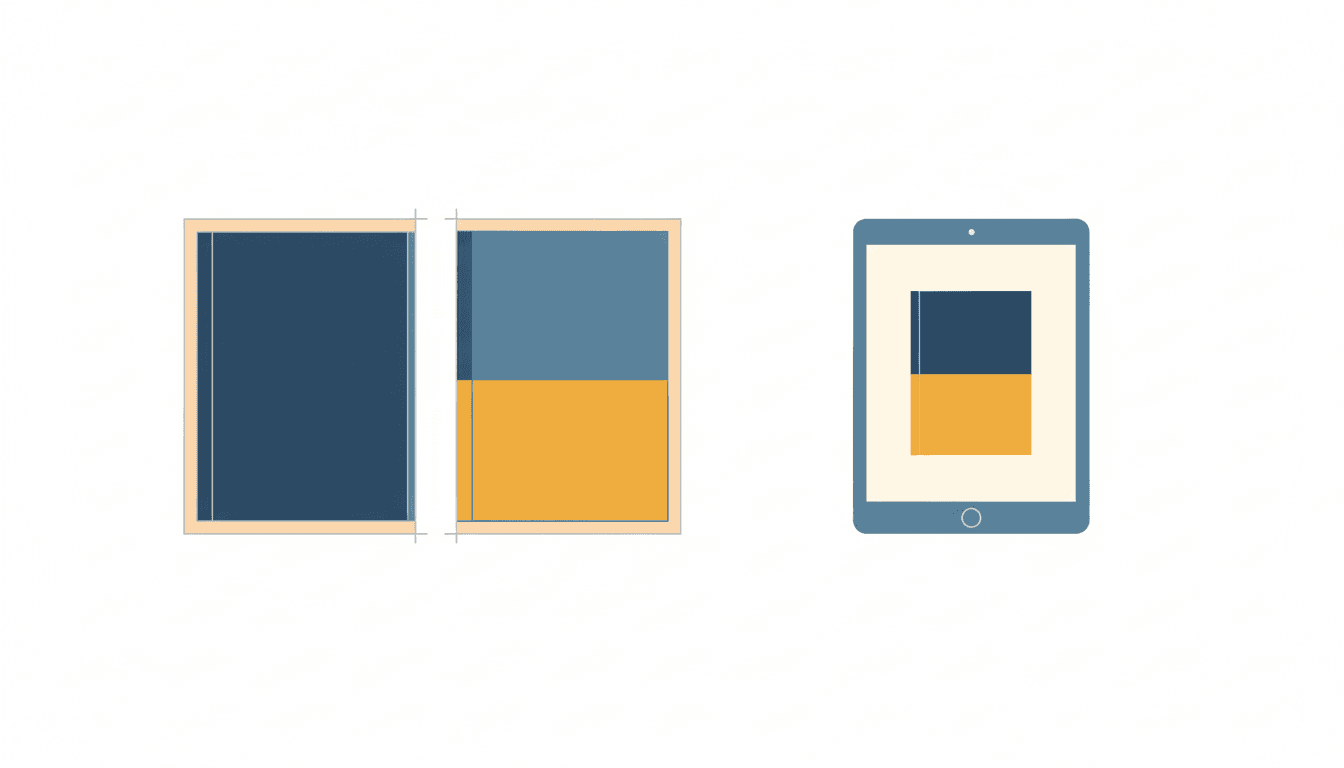 El escritorio de un diseñador mostrando una plantilla de portada de tapa blanda con guías y una portada de ebook en una tablet, simbolizando el proceso de KDP.