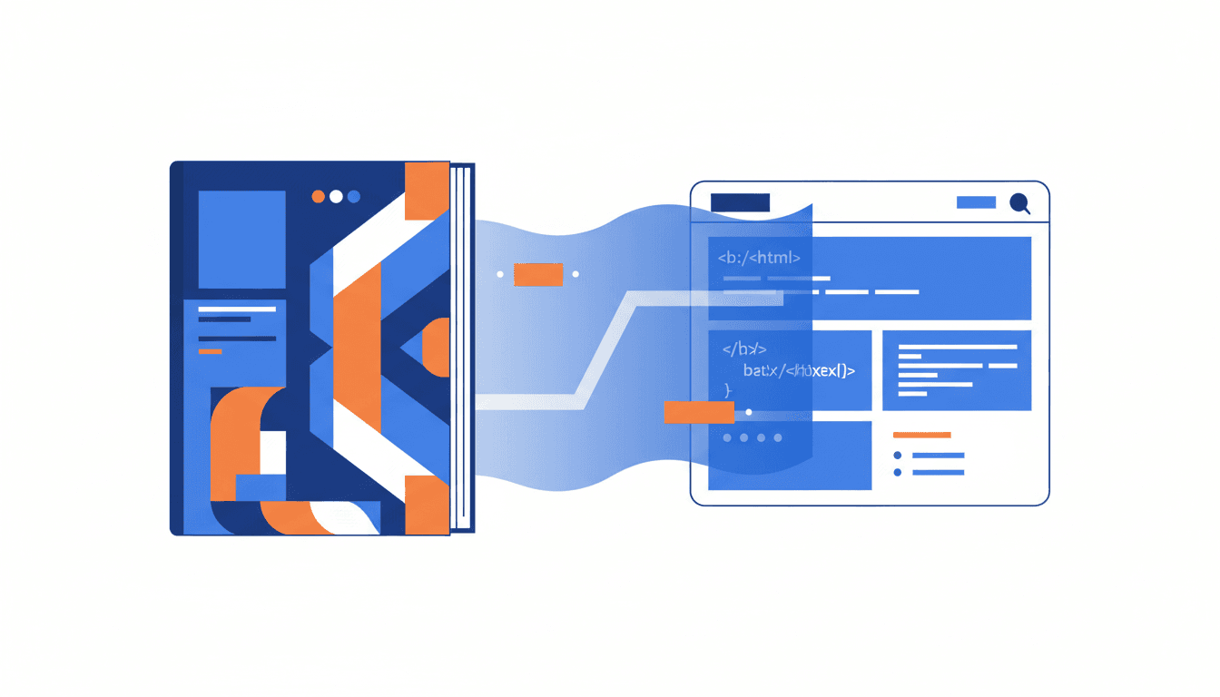 Un libro abierto mostrando código HTML que se transforma en una descripción de producto bien formateada. Un libro abierto mostrando código HTML que se transforma en una descripción de producto bien formateada.