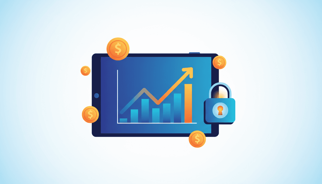 Ilustración de tablet mostrando gráficos de crecimiento y un candado representando exclusividad Ilustración de tablet mostrando gráficos de crecimiento y un candado representando exclusividad